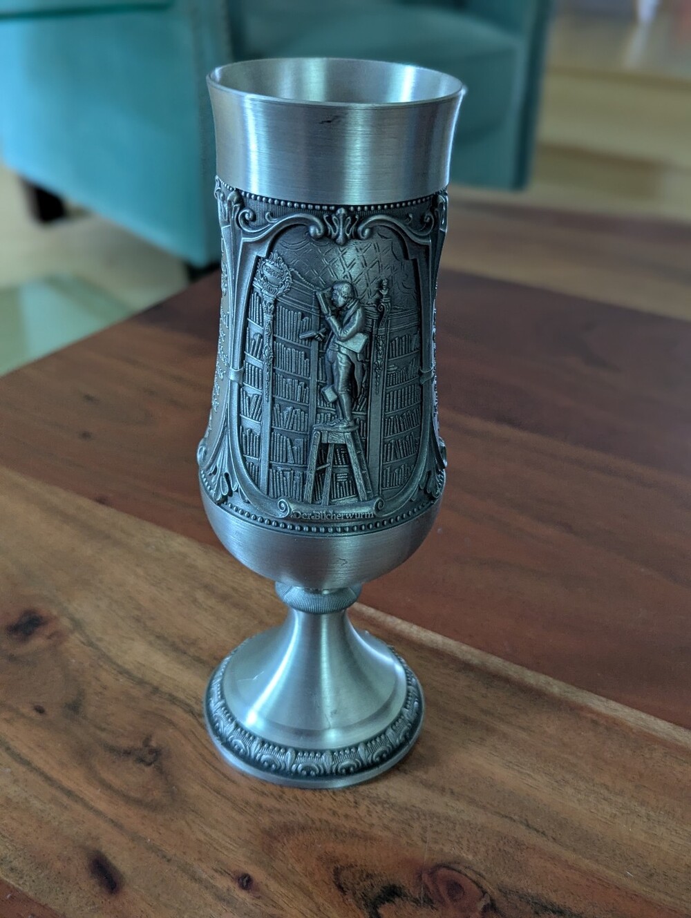 German WMF Zinn Pewter Goblet Painter Carl Spitzweg "Bookworm" "He Comes" Cup